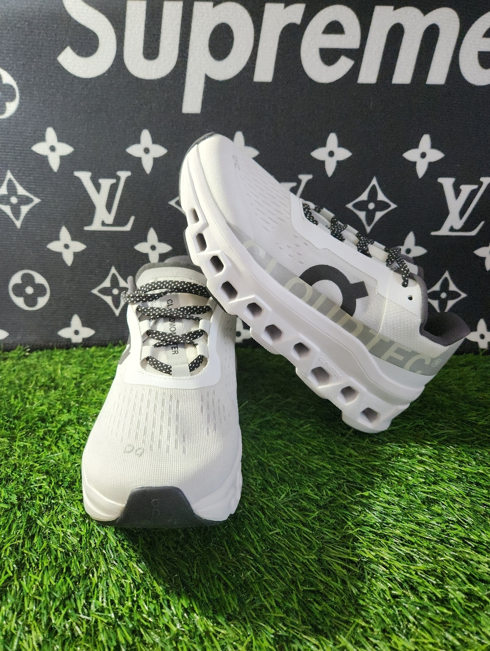 On Running Women's Cloudmonster Size 6 White Black Running Waking Sneaker